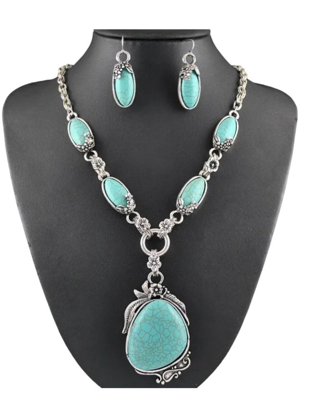 Imitation Turquoise Necklace Earrings Set Silver Tone